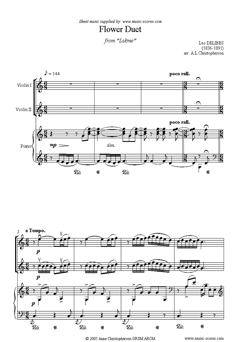 The Flower Duet: Lakme: 2 violins and piano by Delibes