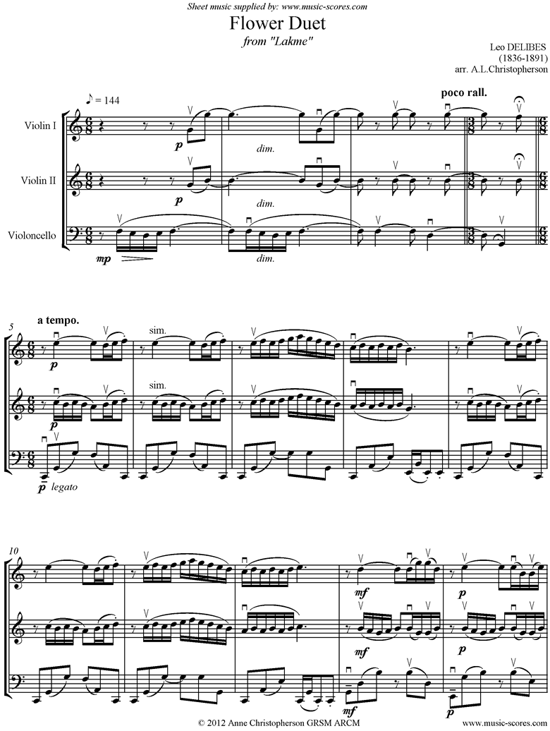 The Flower Duet: Lakme: 2 Violins, Cello by Delibes