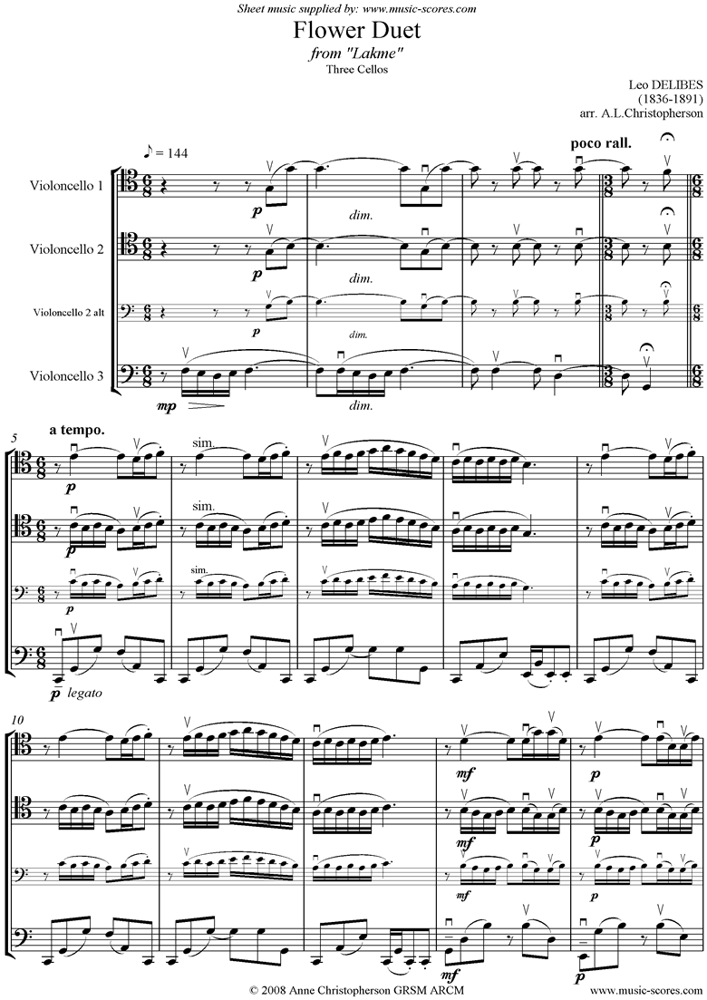 The Flower Duet: Lakme: Cello trio by Delibes