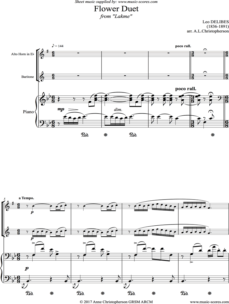Front page of The Flower Duet: Lakme: Alto Horn, Baritone Horn and piano. Bb, higher piano part. sheet music