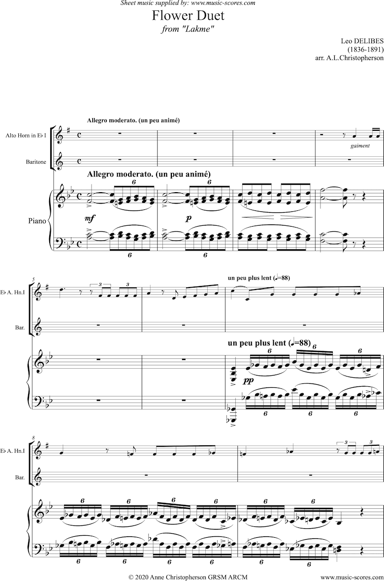 Front page of The Flower Duet: Lakme: Alto Horn, Baritone Horn and piano. Bb, higher piano part. Full version. sheet music