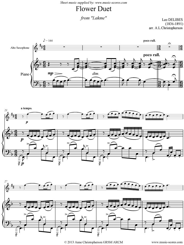 The Flower Duet: Lakme: Alto Sax, Piano by Delibes