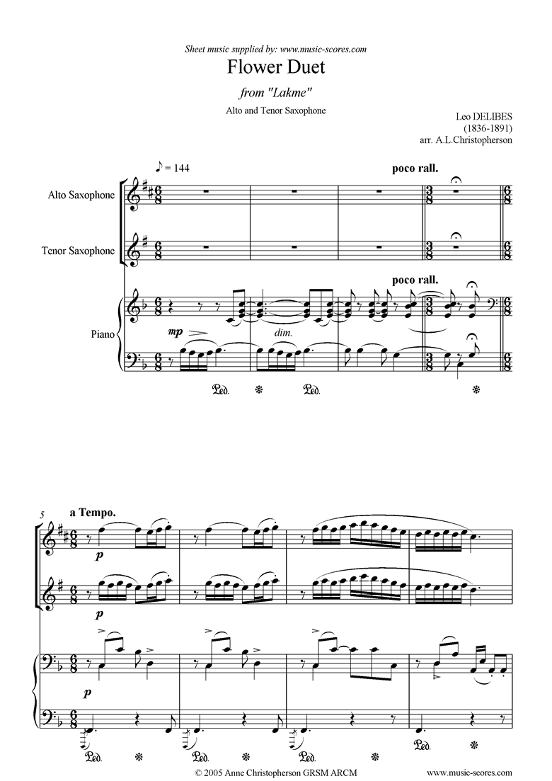 Front page of The Flower Duet: Lakme: alto, tenor sax piano sheet music