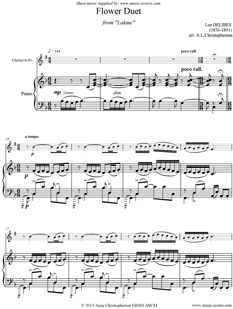 Front page of The Flower Duet: Lakme: Clarinet, Piano sheet music
