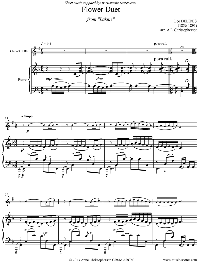 The Flower Duet: Lakme: Clarinet, Piano by Delibes
