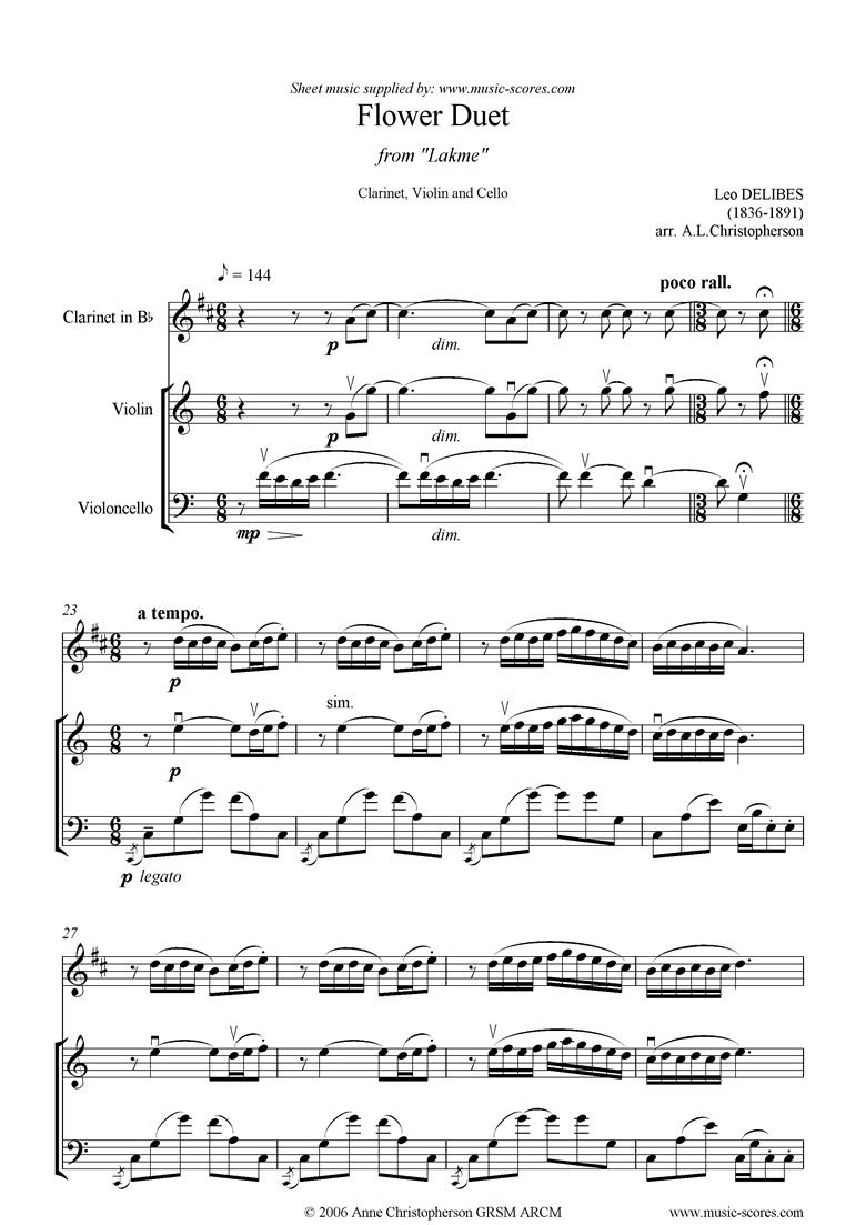 Front page of The Flower Duet: Lakme: clarinet violin cello sheet music
