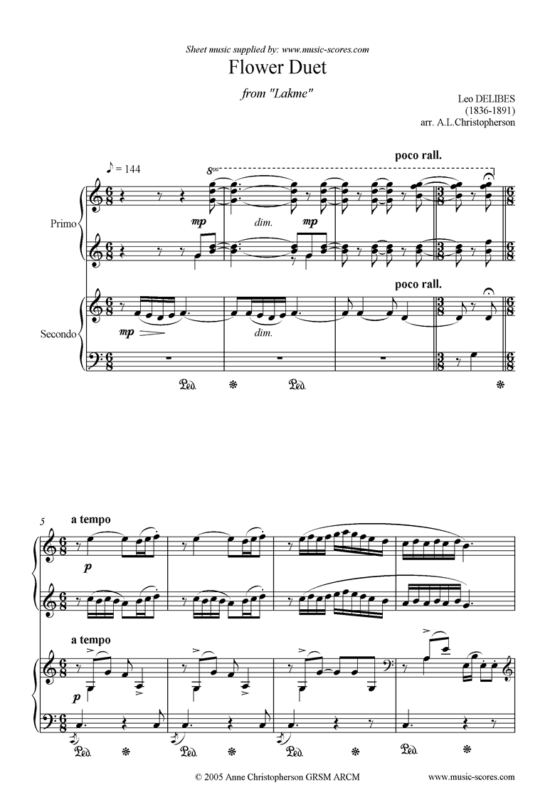 The Flower Duet: Lakme: piano duet by Delibes