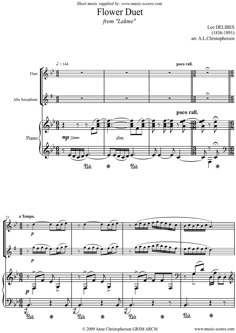 Front page of The Flower Duet: Lakme: Flute, Alto Sax Piano sheet music