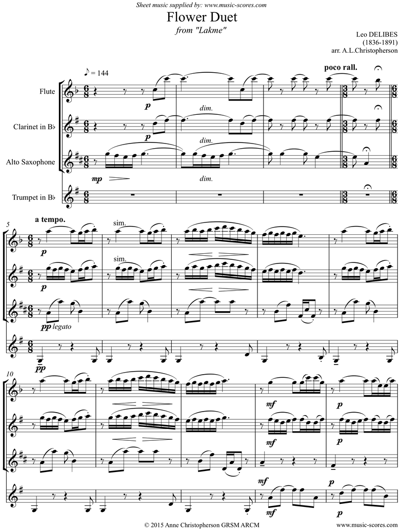 Front page of The Flower Duet: Lakme: flute, clarinet , alto sax, trumpet sheet music