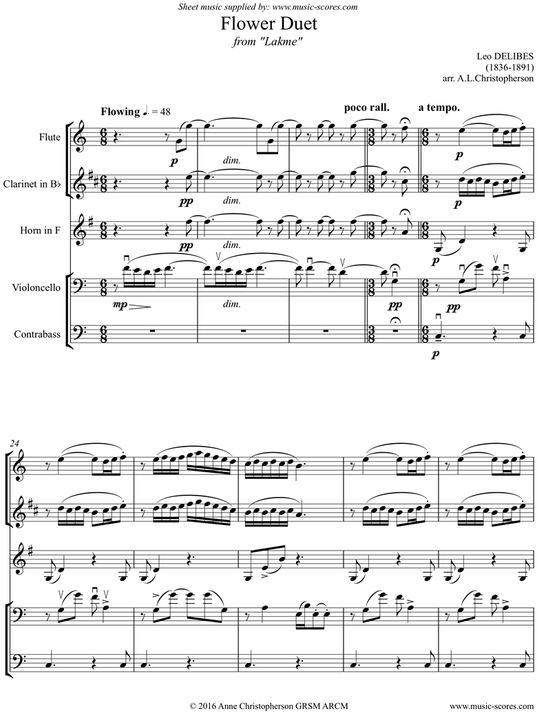 Front page of The Flower Duet: Lakme: flute, clarinet, horn, cello, contrabass sheet music