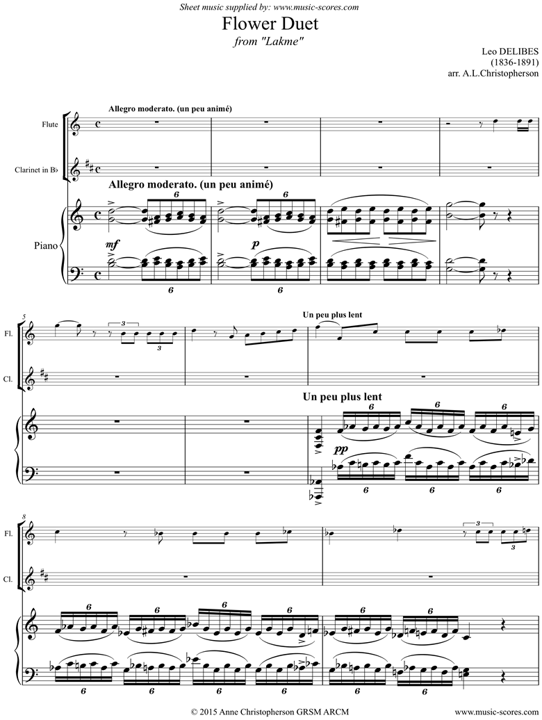 Front page of The Flower Duet: Lakme: Long Version: Flute, Clarinet, Piano. sheet music