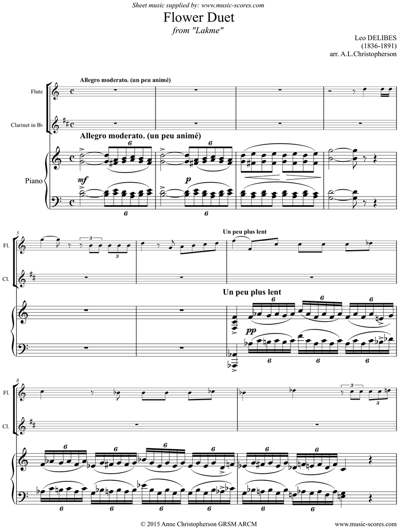 The Flower Duet: Lakme: Long Version: Flute, Clarinet, Piano. by Delibes