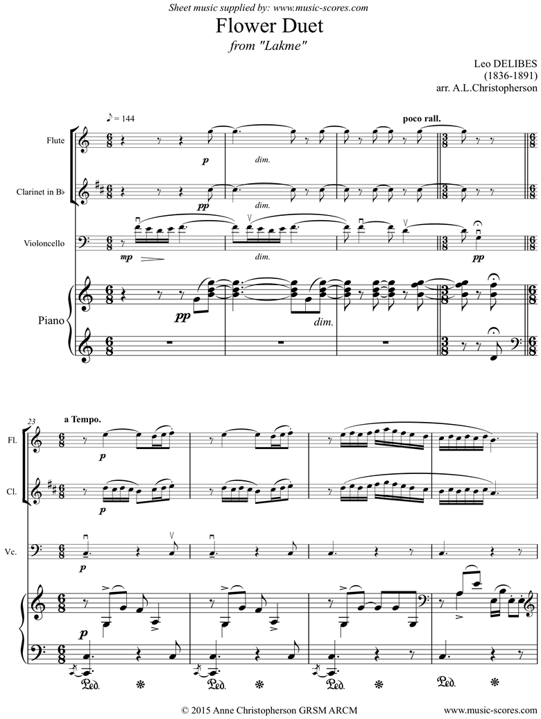 Front page of The Flower Duet: Lakme: flute, clarinet, cello, piano sheet music