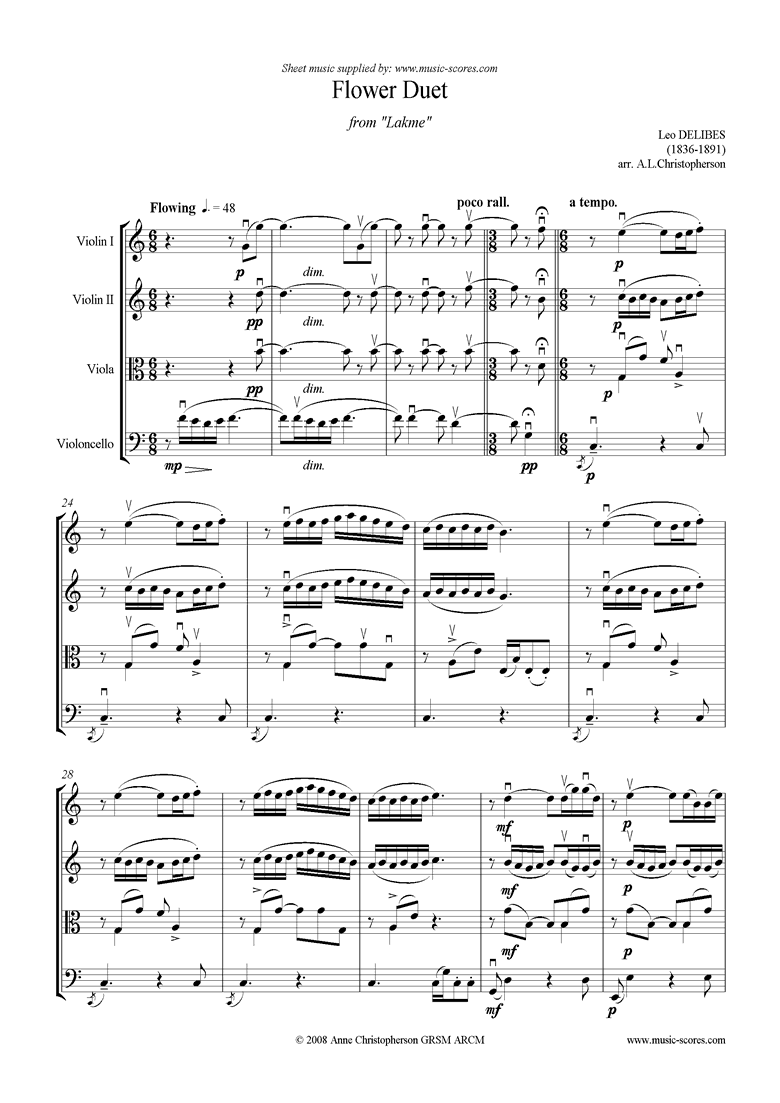 Front page of The Flower Duet: Lakme: String Quartet sheet music