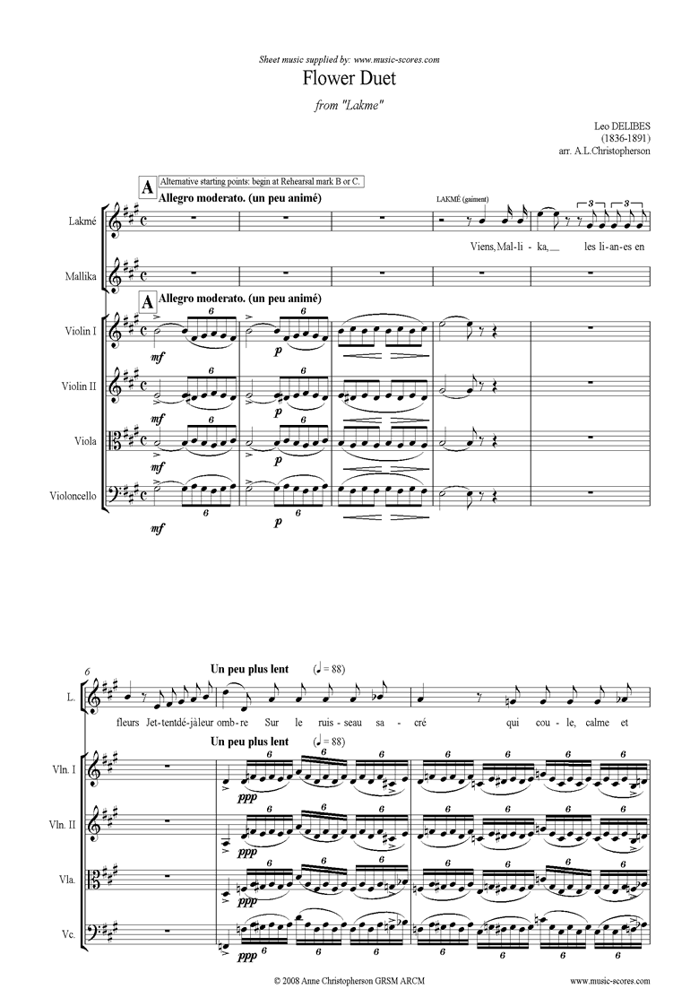 Front page of The Flower Duet: Lakme: String Quartet and Voices sheet music