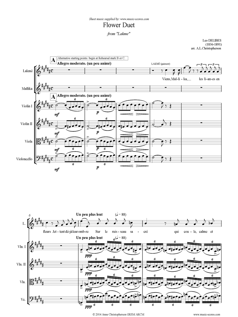 Front page of The Flower Duet: Lakme: String Quartet and Voices: B ma. sheet music