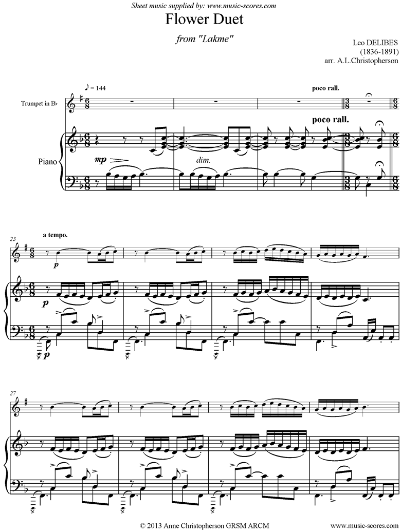 Front page of The Flower Duet: Lakme: Trumpet, Piano sheet music