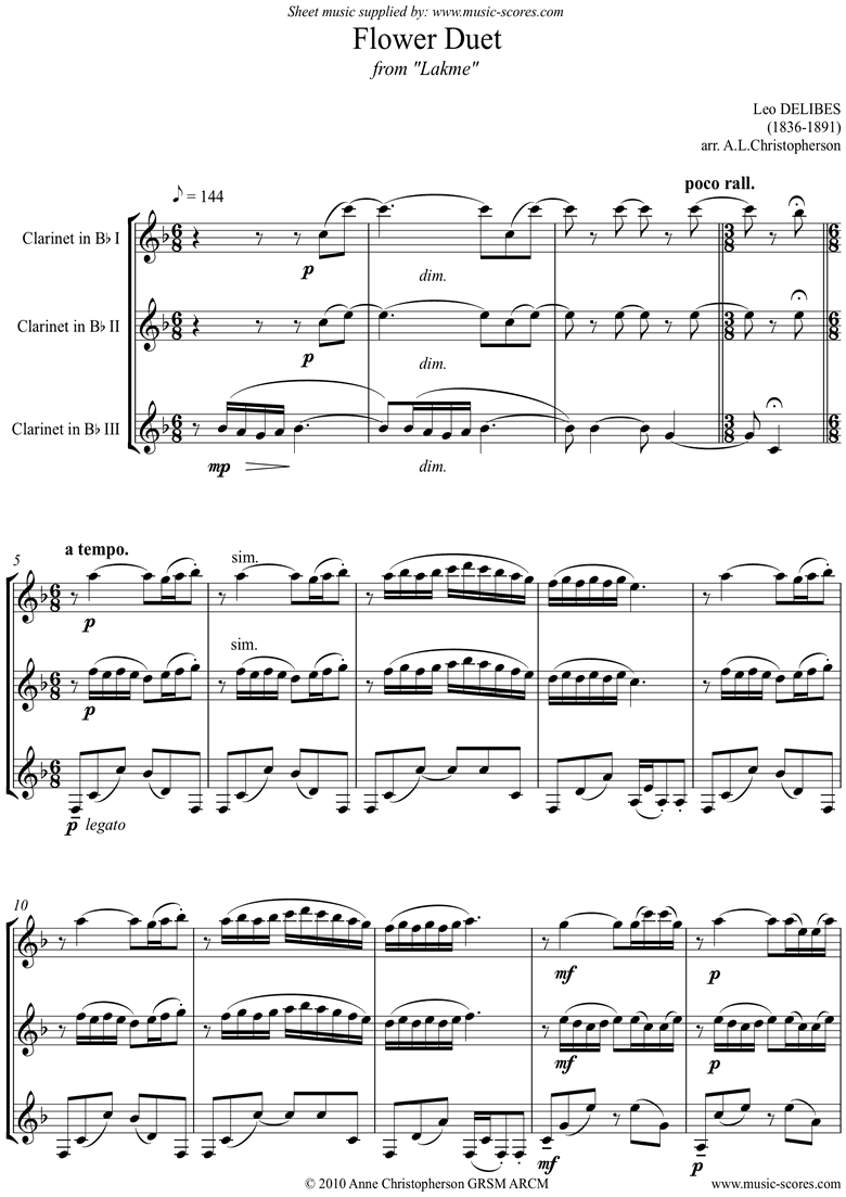 Front page of The Flower Duet: Lakme: 3 Clarinets, unacc. sheet music
