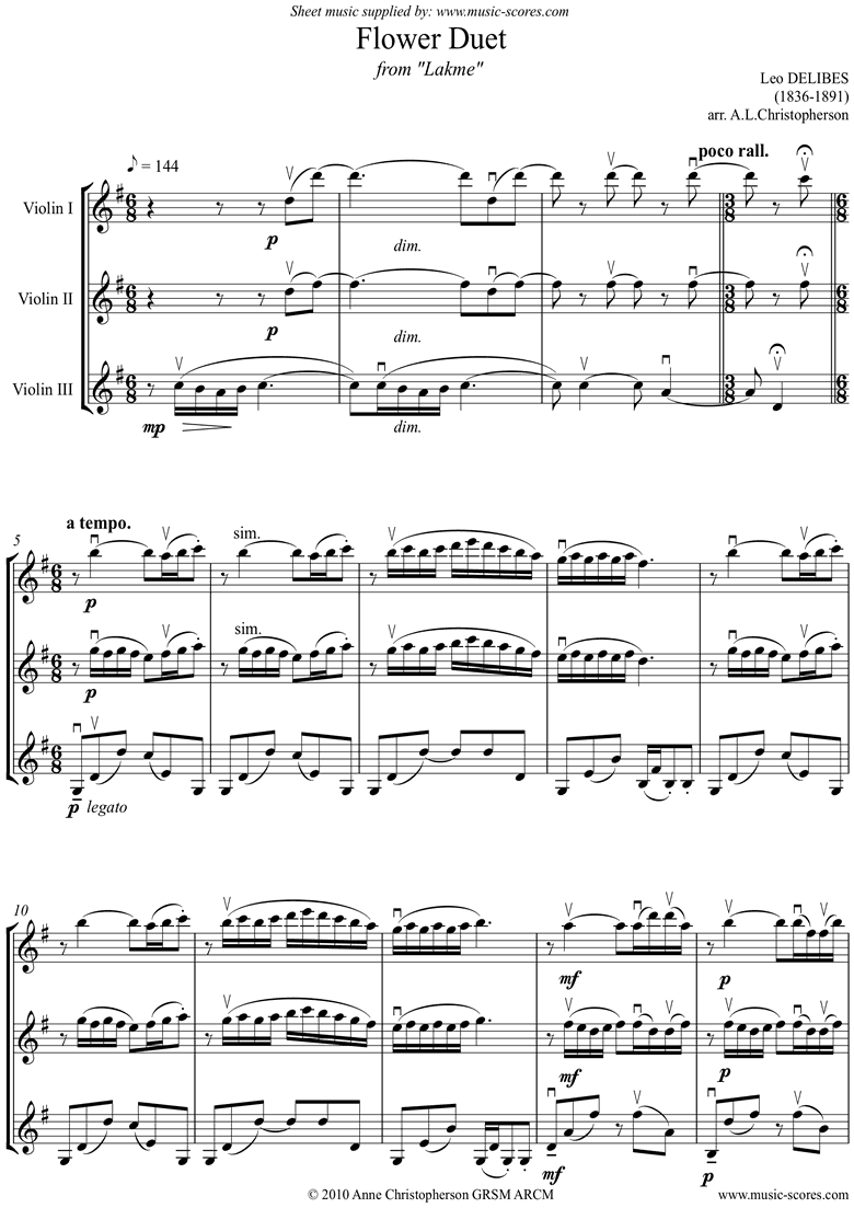 The Flower Duet: Lakme: 3 Violins, unacc. by Delibes
