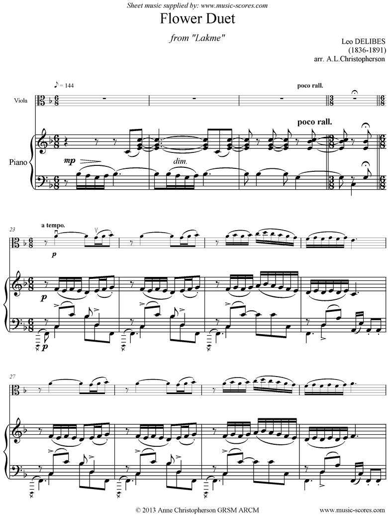 The Flower Duet: Lakme: Viola, Piano by Delibes