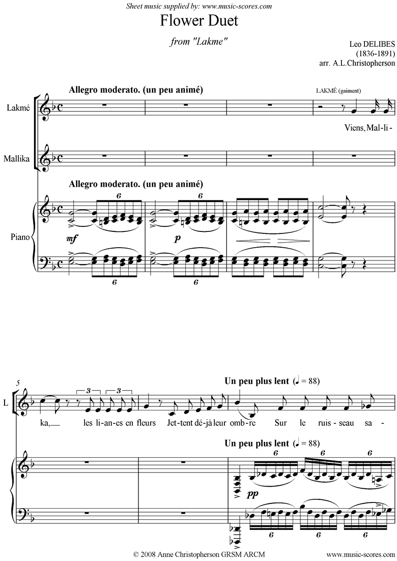 The Flower Duet: Lakme: lowest. Voices, piano by Delibes