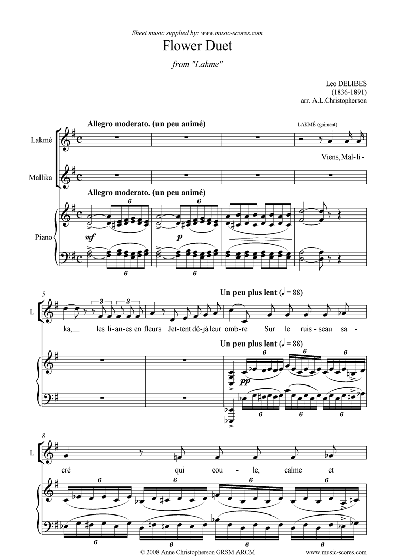 The Flower Duet: Lakme: lower. Voices, piano by Delibes