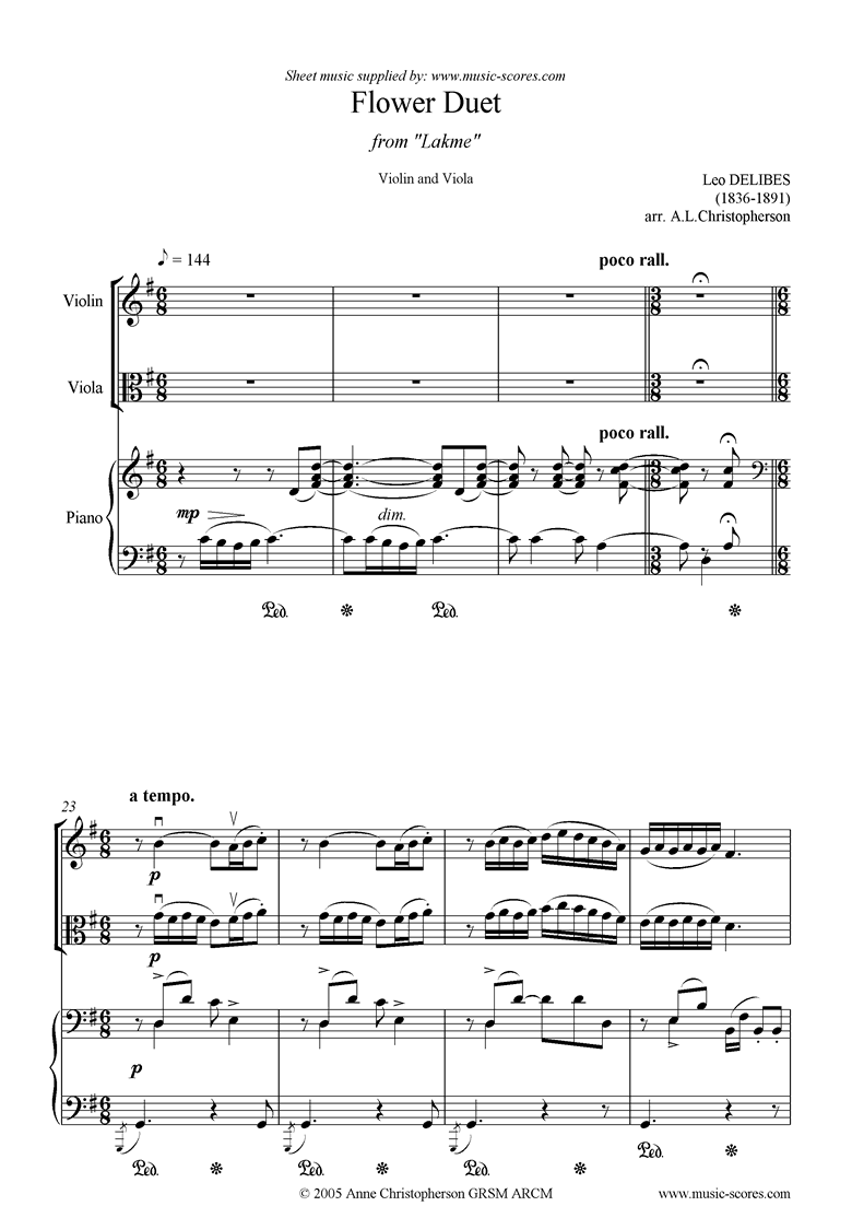 Front page of The Flower Duet: Lakme: violin, viola, piano sheet music