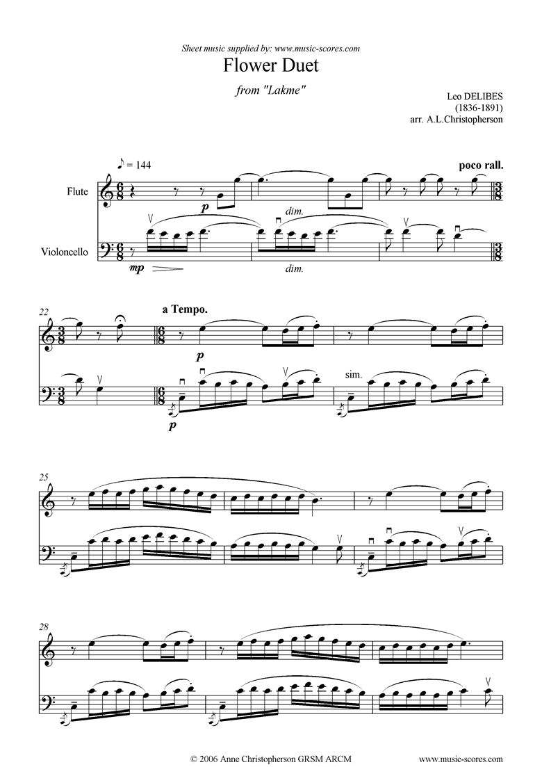 Front page of The Flower Duet: Lakme: flute and cello sheet music