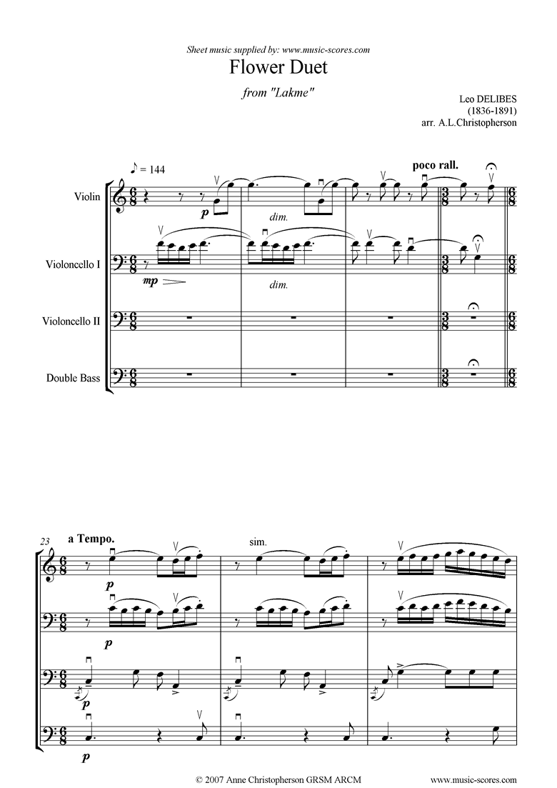 Front page of The Flower Duet: Lakme: violin, cello, double bass sheet music