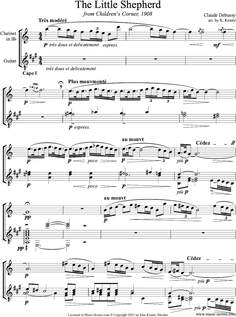 Front page of Childrens Corner: 5: The Little Shepherd: Clarinet, Guitar sheet music