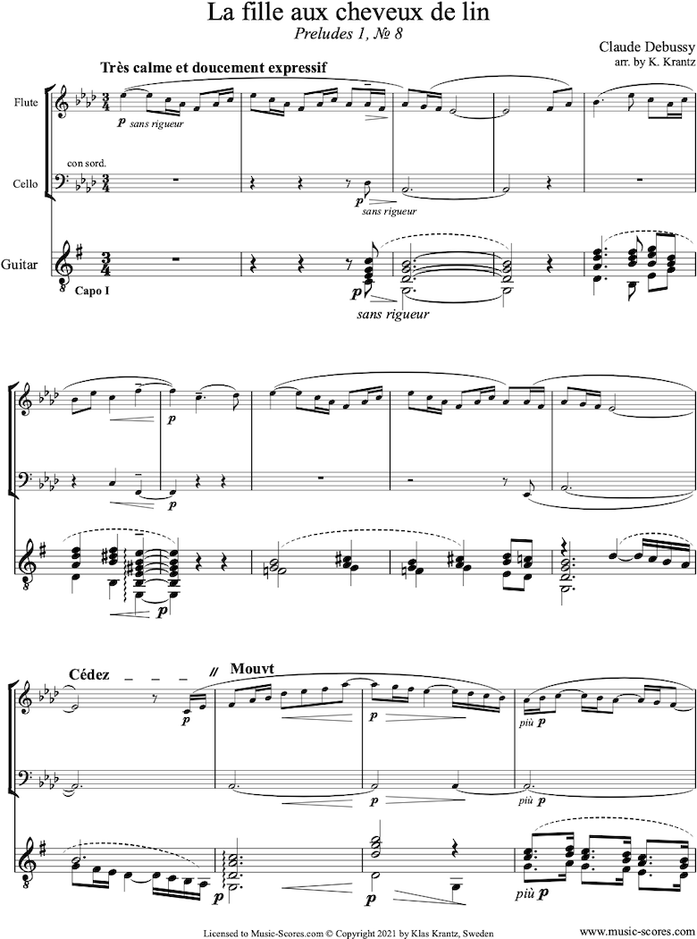 Front page of Preludes Bk1: La Fille aux Cheveux de Lin: Flute, Cello, Guitar sheet music
