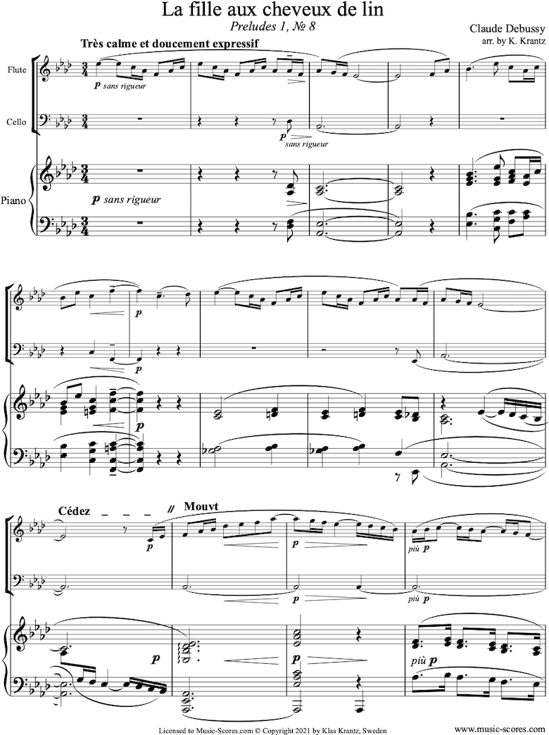 Front page of Preludes Bk1: La Fille aux Cheveux de Lin: Flute, Cello, Piano sheet music