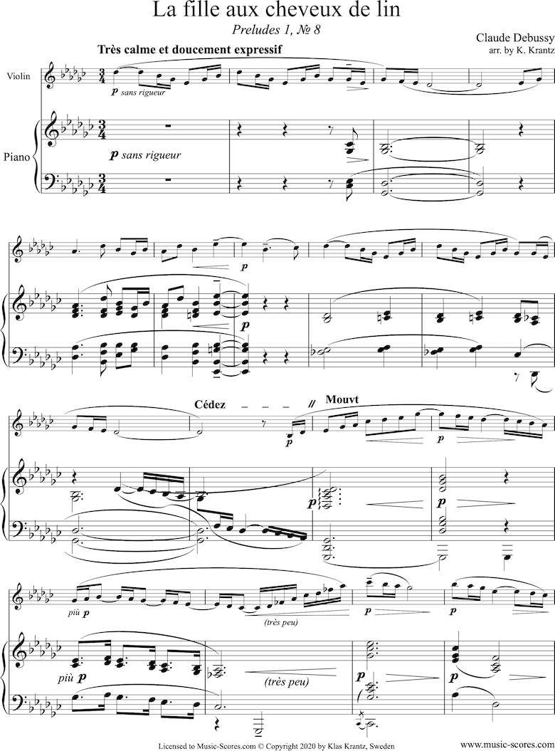 Front page of Preludes Bk1: La Fille aux Cheveux de Lin: Violin sheet music