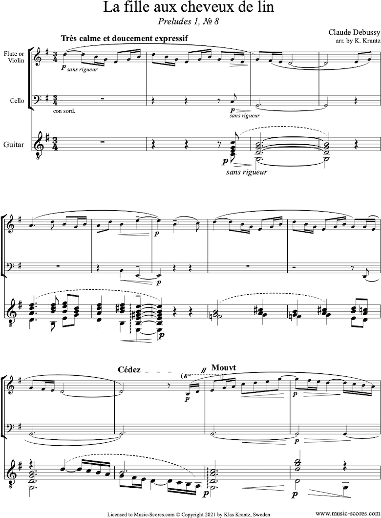Front page of Preludes Bk1: La Fille aux Cheveux de Lin: Violin, Cello, Guitar sheet music