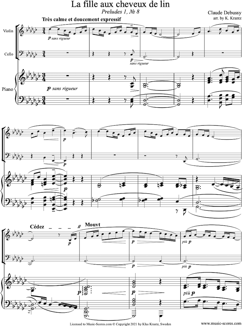 Front page of Preludes Bk1: La Fille aux Cheveux de Lin: Violin, Cello, Piano sheet music