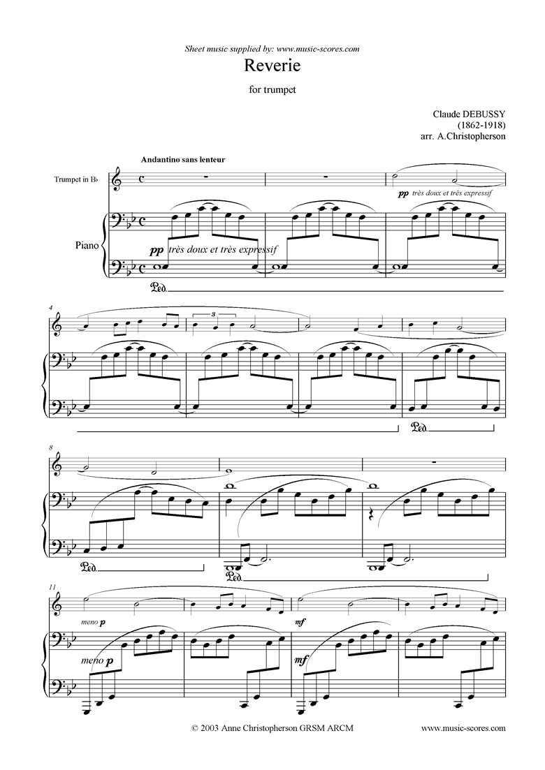 Front page of Reverie for Trumpet - lower version sheet music