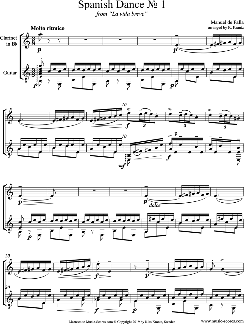 Front page of La Vida Breve: Spanish Dance No.1: Clarinet, Guitar sheet music