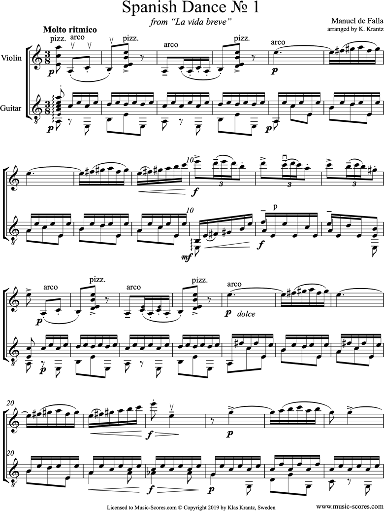 Front page of La Vida Breve: Spanish Dance No.1: Violin, Guitar sheet music