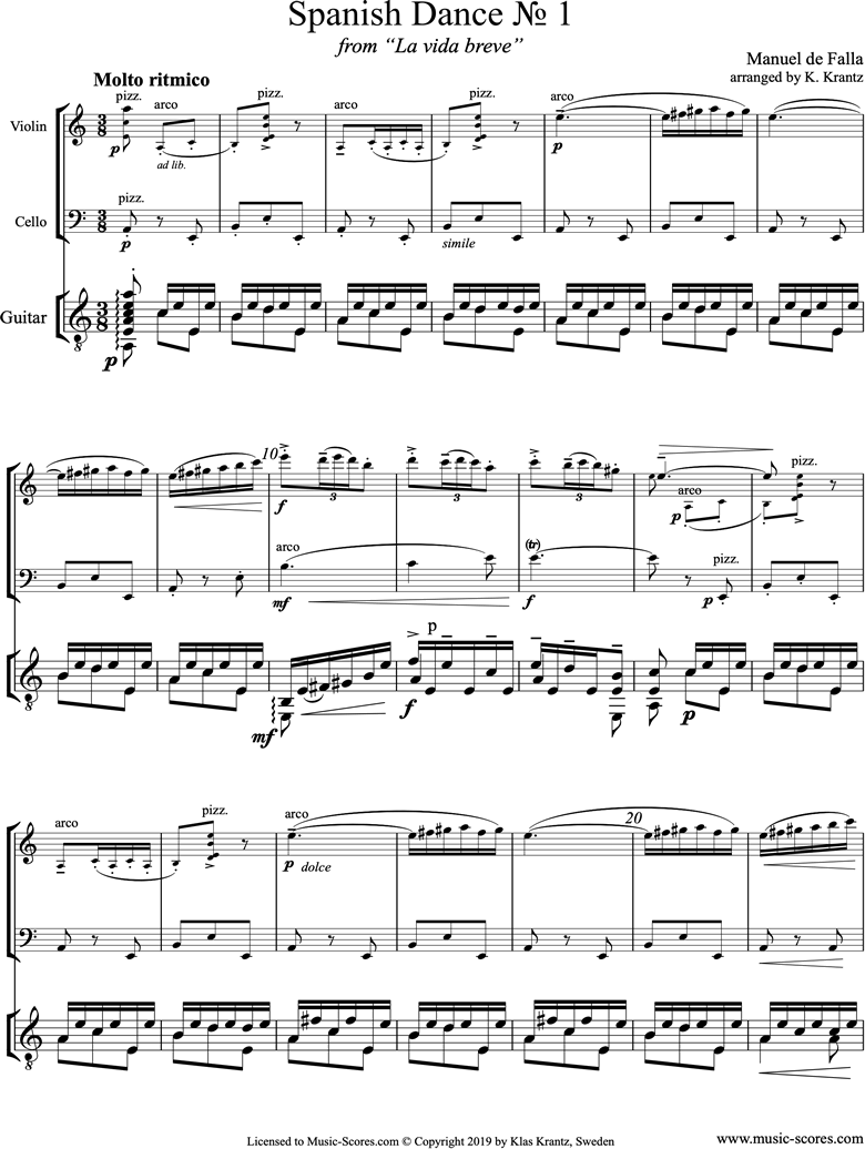 Front page of La Vida Breve: Spanish Dance No.1: Violin, Cello, Guitar sheet music