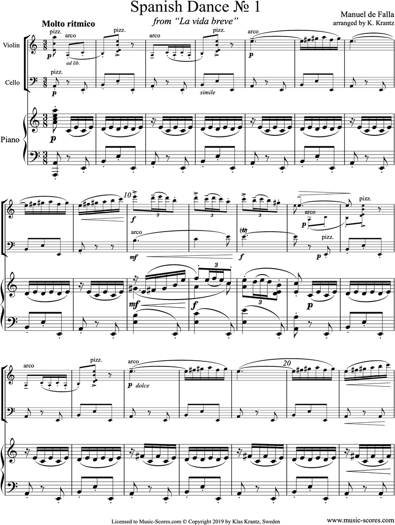 Front page of La Vida Breve: Spanish Dance No.1: Violin, Cello, Piano sheet music