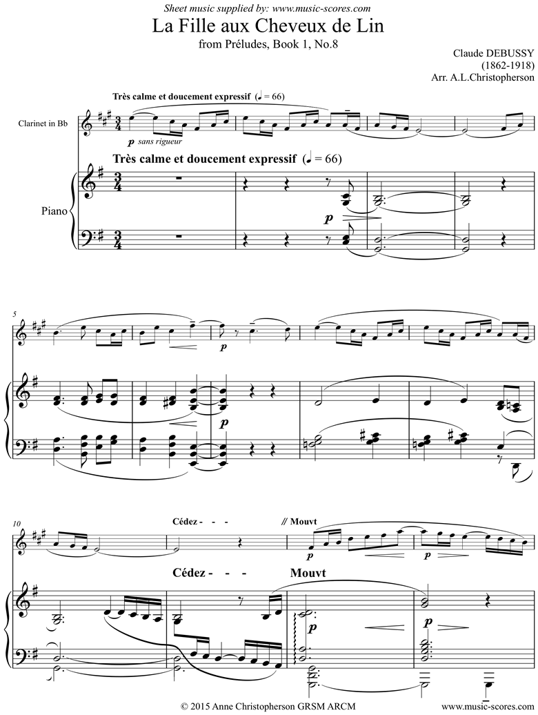 Front page of Preludes Bk1: La Fille aux Cheveux de Lin - Clarinet: G ma sheet music
