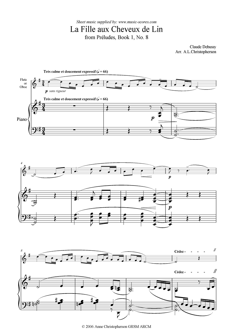 Front page of Preludes Bk1: La Fille aux Cheveux de Lin - flute sheet music
