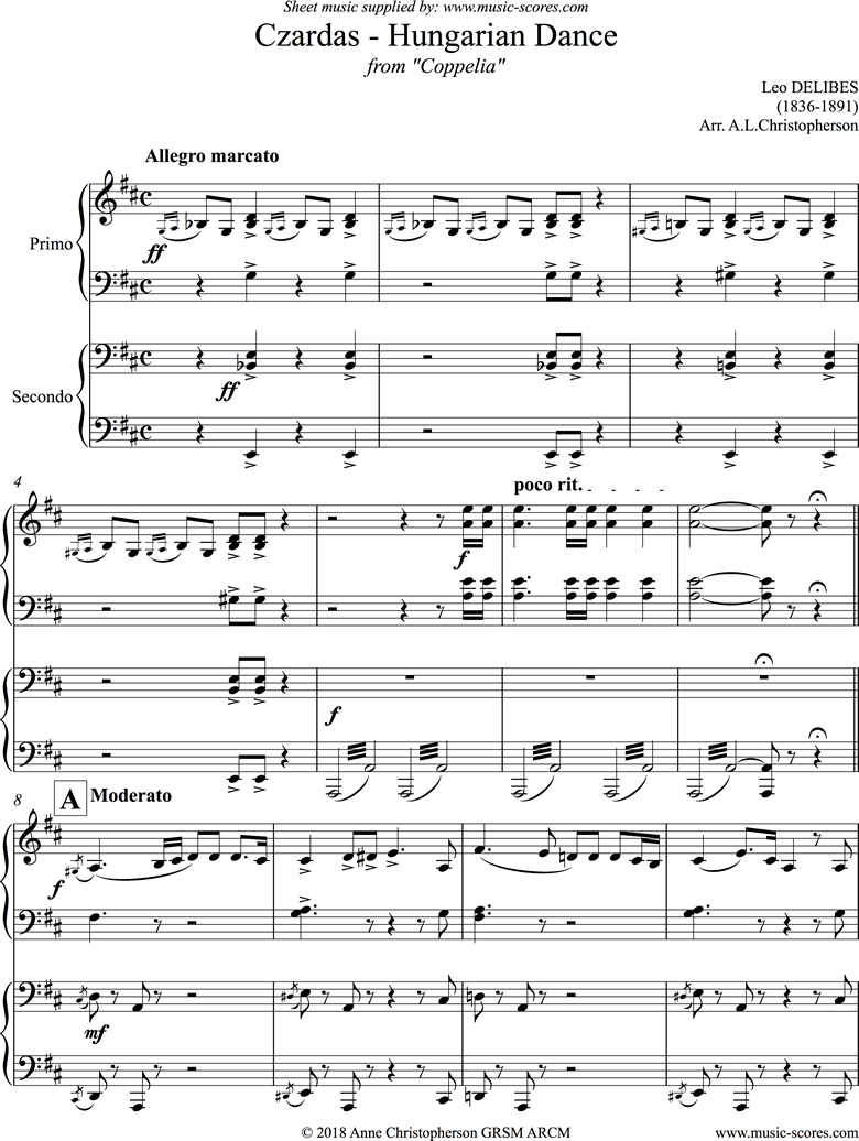 Czardas: Hungarian Dance: from Coppelia: 4 hands by Delibes