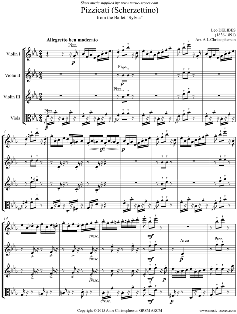 Front page of Pizzicati Scherzettino: Sylvia: 3 Violins, Viola sheet music