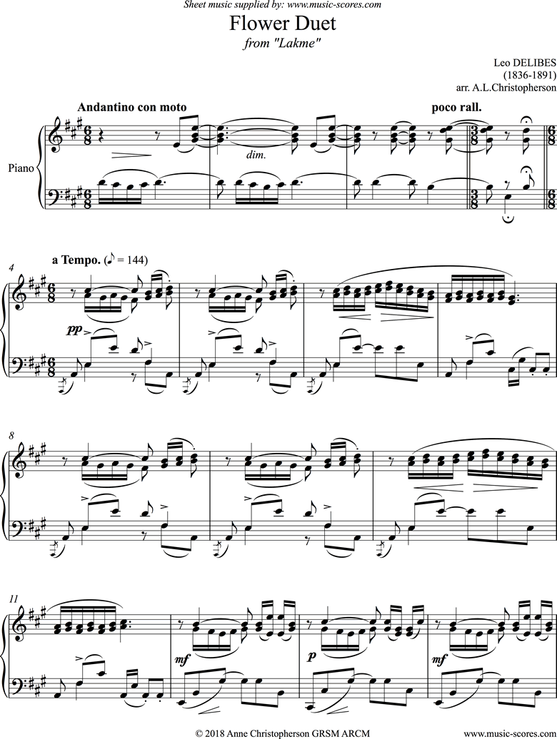 The Flower Duet: Lakme: piano solo by Delibes