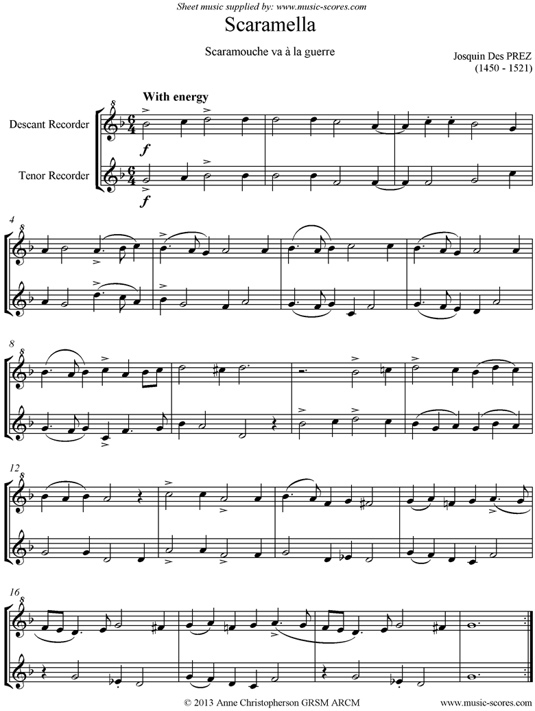 Front page of Scaramella. Descant, Tenor Recorders sheet music