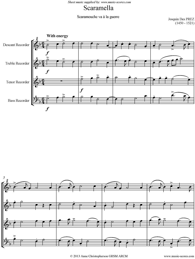 Front page of Scaramella. Descant, Treble, Tenor, Bass Recorders sheet music