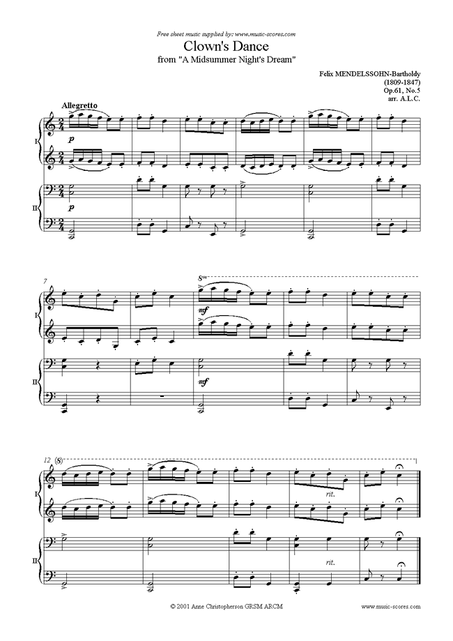Front page of Op.61, No.5: Clowns Dance: Midsummer Nights Dream: Piano Duet sheet music