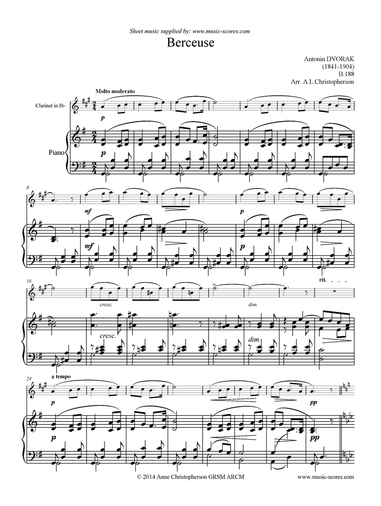 Front page of B.188 Berceuse: Clarinet sheet music