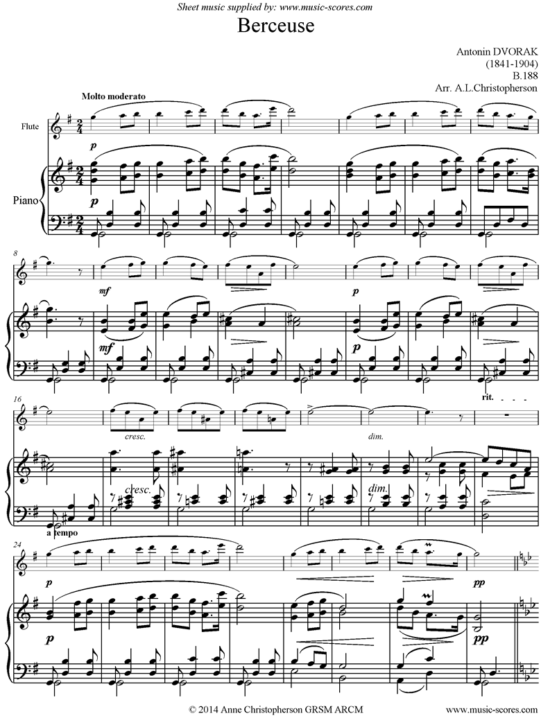 Front page of B.188 Berceuse: Flute sheet music